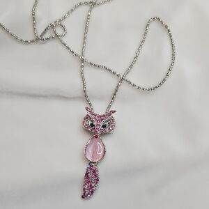 Pink Fox Rhinestone Crystal Brooch Necklace Pendant with Silver Chain NWOT